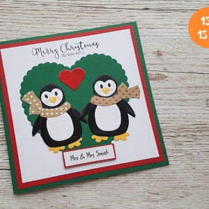 Personalisierte Mrs & Mrs Weihnachtskarte - Lesbische Paar Pinguin Karte