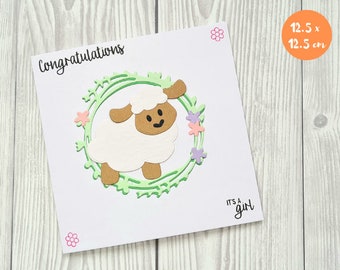 Baby Girl Handmade Card - Congratulations It's a Girl - Handmade Baby Shower Greetings Card - Cute Sheep Farm Animal - Newborn Daughter