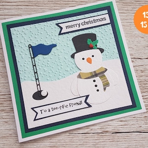 Golf Weihnachtskarte - Handgemachte Karte für Familie - Golf spielender Schneemann