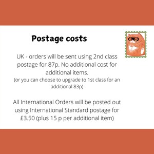 May include: A white card with the text "Postage costs" in black bold font. The text below explains the postage costs for UK and international orders. The card has a cartoon illustration of a cat wearing glasses in the top right corner.