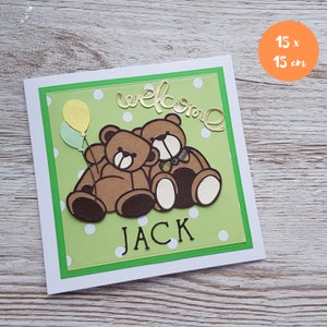 Carte personnalisée pour nouveau-né - Ours en peluche fait main pour accueillir bébé - Félicitations à la naissance