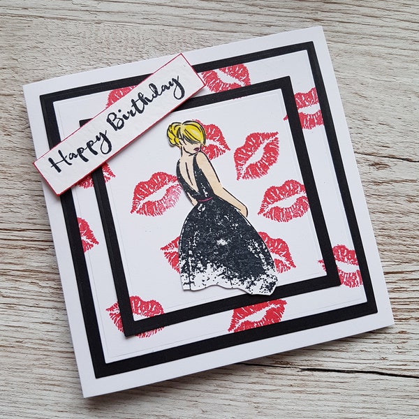 Handmade Glamour birthday card/ Little black dress birthday card/ Lipstick birthday card / fashion themed birthday/ stylish birthday