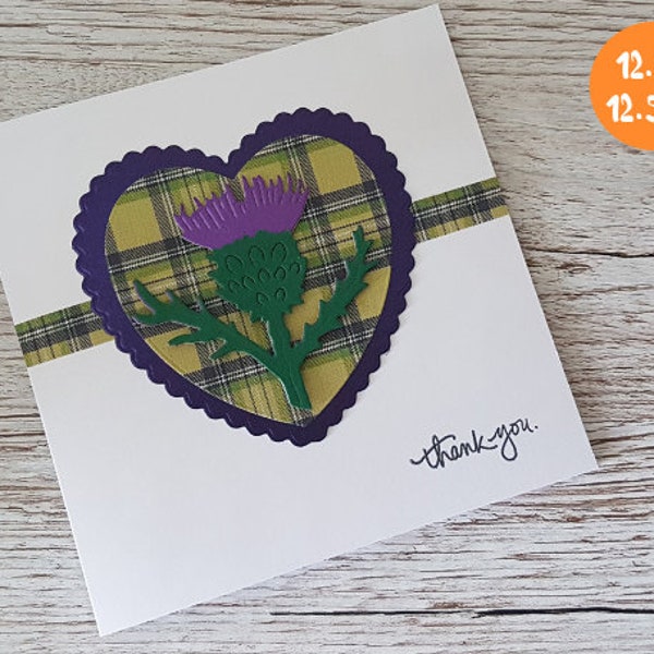 Tartan Heart Thank You Card - Scottish Thistle - Handmade in Scotland