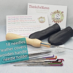 Needle felting needle set, 18 needles. Variety of needles. Spiral star needle, crown needle, reverse, leather finger covers, wood handle image 1