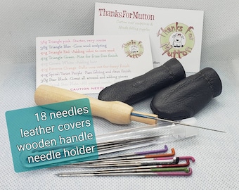 Needle felting needle set, 18 needles. Variety of needles. Spiral star needle, crown needle, reverse,  leather finger covers, wood handle