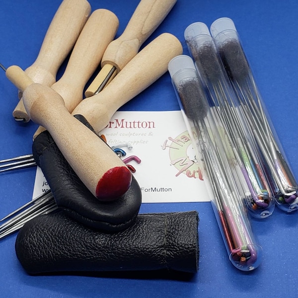 Needle felting needles comfort set. 22 mixed colour coded needles, 5 colored wooden holder, leather finger covers, Full kit felting supplies