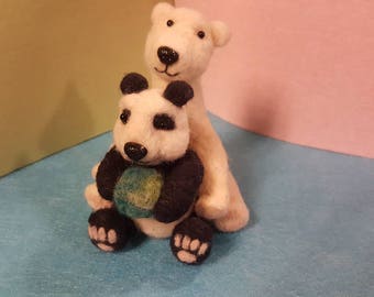 Polar and Panda Bear grasping earth, needle felted,ready to ship, Save the earth save the bear, Ecco Gift, hand made from wool. Canadian