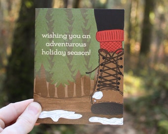 Adventurous Holiday Hiking Boot | Packs of 4, 12, 24 or 48 | Hand Illustrated Holiday Cards