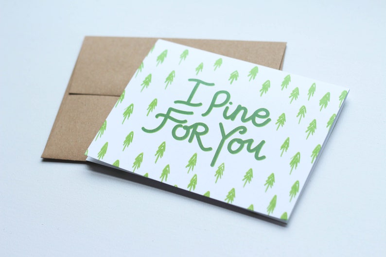 I Pine For You Single card or pack of 4 Hand Illustrated, Watercolor, Calligraphy Valentines Card image 2