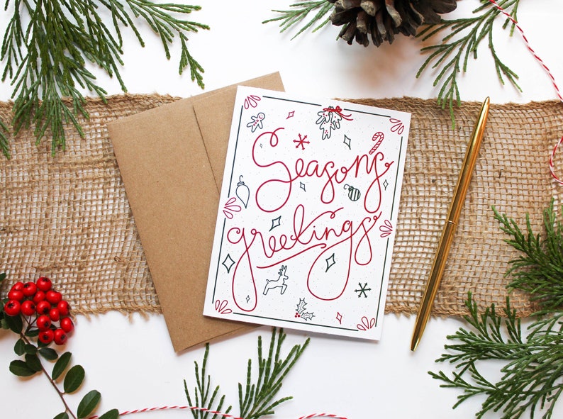 Seasons Greetings Jubilee 3 Design Colors Pack of 12, 24, or 48 Hand Illustrated Holiday Cards image 3