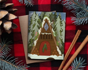 Cozy PNW Winter A-Frame | Packs of 4, 12, or 24| Hand Illustrated Adventurous Holiday Cards