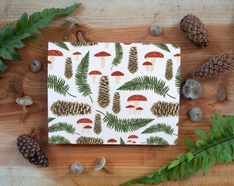 PNW Winter Pattern | Adventurous Holiday Card | Packs of 4, 12, 24 or 48 | Hand Illustrated Amanita Mushroom, Sugar Pinecone, Sword Fern