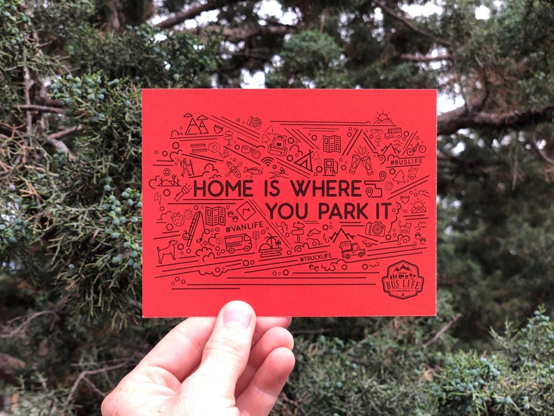 Home is Where You Park It Postcard Pack of 10 or 20 Hand Illustrated Design for Bus / Truck / Van / RV Life, Travel, Adventure image 1