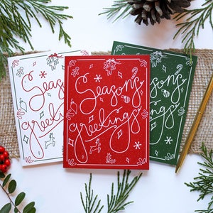 Seasons Greetings Jubilee 3 Design Colors Pack of 12, 24, or 48 Hand Illustrated Holiday Cards image 1