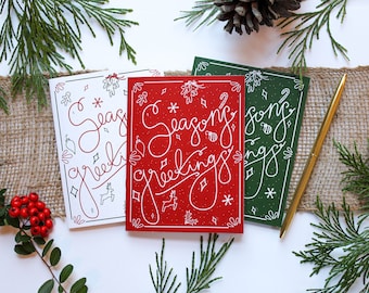 Seasons Greetings Jubilee | 3 Design Colors | Pack of 12, 24, or 48 |  Hand Illustrated Holiday Cards