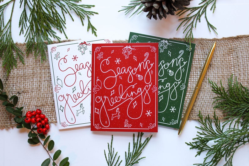 Seasons Greetings Jubilee 3 Design Colors Pack of 12, 24, or 48 Hand Illustrated Holiday Cards image 1