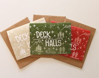 Deck The Halls | 3 Design Colors | Pack of 12, 24, or 48 |  Hand Illustrated Holiday Cards
