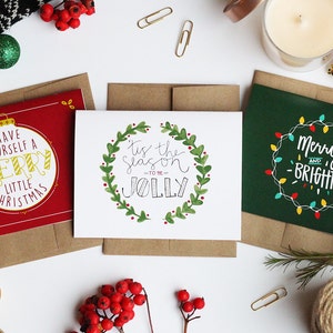 Paquete de felicidad navideña / 3 diseños / Paquete de 12, 24 o 48 / Tarjetas navideñas ilustradas a mano