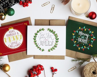 Holiday Happiness Pack | 3 Designs | Pack of 12, 24, or 48 | Hand Illustrated Holiday Cards