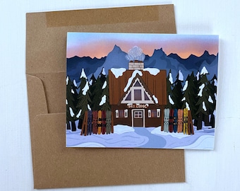 Mom & Pop Ski Lodge | Adventurous Holiday Card | Packs of 4, 12, or 24 | Hand Illustrated Ski Lodge in Mountains