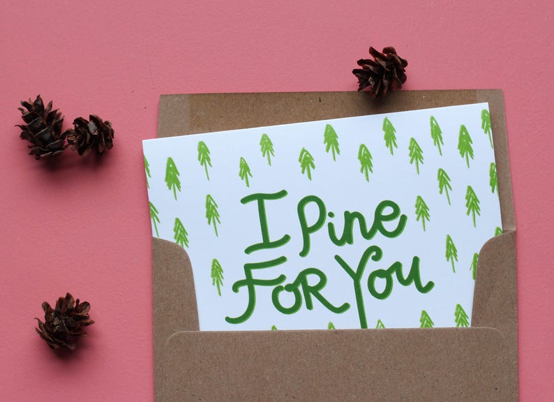 I Pine For You Single card or pack of 4 Hand Illustrated, Watercolor, Calligraphy Valentines Card image 3