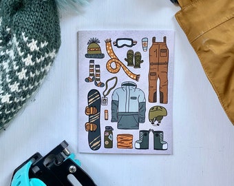 Packed for Snowboarding | Adventurous Holiday Card | Packs of 4, 12, or 24| Hand Illustrated Snowboarding Gear