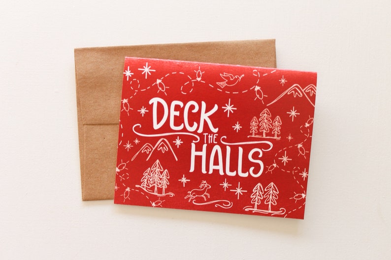 Deck The Halls 3 Design Colors Pack of 12, 24, or 48 Hand Illustrated Holiday Cards image 2