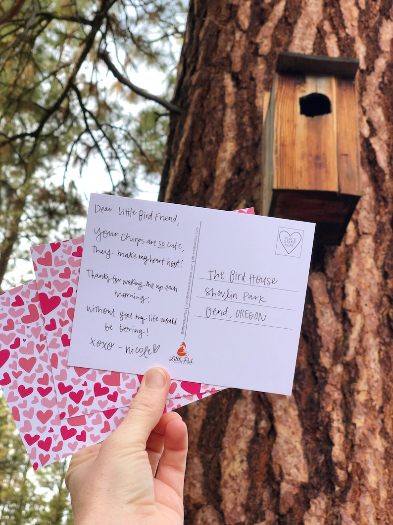May include: A pink and white postcard with a handwritten message to a bird. The message reads "Dear Little Bird Friend, your chirps are so cute, They make my heart hoot! Thanks for waking me up each morning. Without you my life would be boring! xoxo - nicole". The postcard is sitting on a stack of pink and white cards with hearts printed on them. The postcard is in front of a tree with a birdhouse.