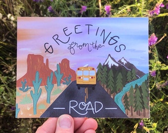 Greetings From the Road Postcard | Pack of 10 or 20 | Hand Illustrated Design for Bus Life, Travel, Adventure, Mountains, Desert
