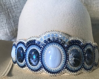 Handbeaded Cowboy hatband with blue lace Agate , Blue Sodalite and swarovksi crystals