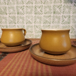 Pair of Olive Green Denby Mugs with Saucers