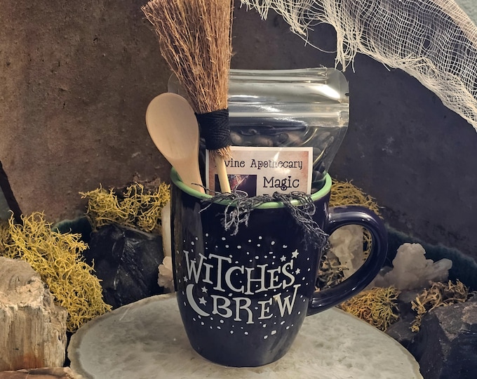 Witchy Mug & Coffee Gift Set, Witch Gift, Cute Witch Mug, Halloween Gift Set with Witch Broom, Witches Brew Set, Samhain Gift