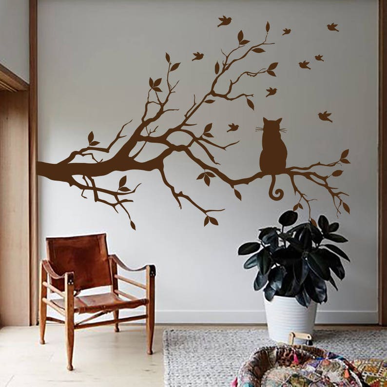 Tree Wall Decals Cat Decal Art Nature Decor Nursery Bedroom Stickers Vinyl Sl37