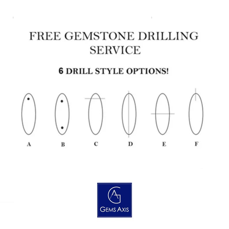 May include: A graphic display titled FREE GEMSTONE DRILLING SERVICE and 6 DRILL STYLE OPTIONS! showing six oval diagrams labeled A through F with various hole placements and lines. A blue square logo at the bottom contains the text GEMS AXIS.
