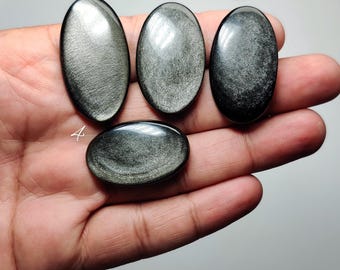Silver Obsidian Cabochon - Mexico Natural Gemstone, Black Rainbow Flash Wire Wrap Jewelry Supply (36mm-43mm)