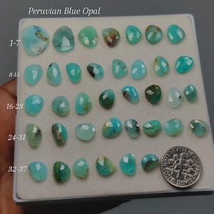 Puede incluir: Una colección de piedras preciosas de ópalo azul peruano de varias formas y tamaños, expuestas sobre una superficie blanca. Los ópalos varían en color de azul claro a verde, algunos mostrando inclusiones marrones. Se incluye una moneda de diez centavos estadounidense como referencia de tamaño. El texto "Peruvian Blue Opal" está en la parte superior.