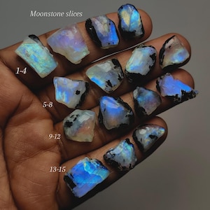 Op de afbeelding: Een verzameling maansteenschijfjes, elk met een unieke mix van kleuren. De stenen variëren van bleke wittinten en crèmes tot levendige blauwtinten en iriserende flitsen. De tekst "Moonstone slices" is zichtbaar.