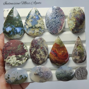 May include: A collection of Indonesian Moss Agate gemstones in various shapes, including teardrop and oval. The stones display a range of colors, including green, red, and white, with intricate patterns. The text "Indonesian Moss Agate" is visible.