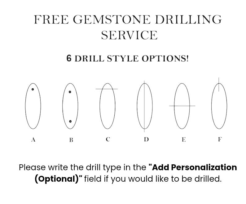 May include: White graphic with text "FREE GEMSTONE DRILLING SERVICE" and "6 DRILL STYLE OPTIONS!". Six oval shapes with different drill style options labeled A through F. Text below reads "Please write the drill type in the 'Add Personalization (Optional)' field if you would like to be drilled."