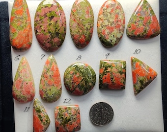May include: A collection of twelve polished unakite cabochons in various shapes including ovals, triangles, circles, and squares, each featuring a mottled pattern of green and orange-pink. A US dime is included for scale next to the stones.