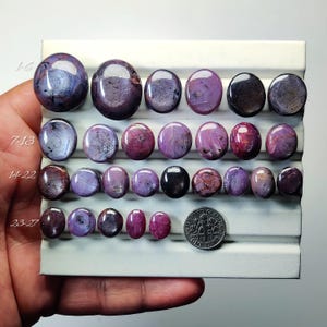 May include: An assortment of polished gemstones in shades of purple, red, and black, arranged on a white display. The gemstones vary in size and shape, with a dime included for size comparison. The image is well-lit, showcasing the stones' textures.