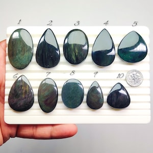 May include: Ten polished obsidian gemstones in various shapes, including oval, teardrop, and triangular. The stones display a range of colours, from deep green to black, with iridescent streaks. A coin is included for size reference.