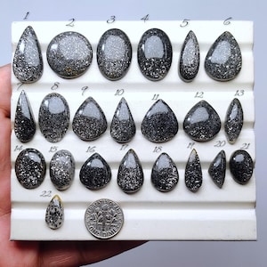 May include: A collection of twenty-two black and silver gemstone cabochons in various shapes, including teardrop, oval, and pear. A US dime is included for size reference. The gemstones are displayed on a white surface.