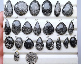 May include: A collection of twenty-two black and silver gemstone cabochons in various shapes, including teardrop, oval, and pear. A US dime is included for size reference. The gemstones are displayed on a white surface.