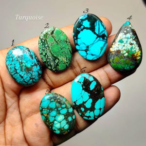 Pode incluir: Seis pedras preciosas de turquesa polida numeradas de um a seis. As pedras exibem vários tons de azul e verde com veios de matriz castanho-escuro ou preta. As formas incluem ovais e uma em forma de gota, todas com superfícies lisas.