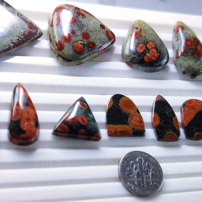 May include: Assortment of polished gemstones in various shapes, including teardrop, triangular, and irregular forms. The stones feature a mix of colors, with red and orange spots on a green and black background. A dime is included for size reference.