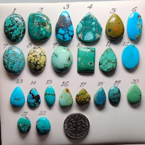 Puede incluir: Una colecci&oacute;n de veintid&oacute;s piedras preciosas de turquesa en varias formas y colores, incluyendo ovaladas, en forma de l&aacute;grima y rectangulares. Las piedras muestran tonos de azul, verde y marr&oacute;n, con patrones de vetas &uacute;nicos. Se incluye una moneda de diez centavos como referencia de tama&ntilde;o.