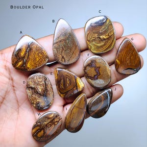 May include: A collection of boulder opals in various shapes, including triangular, teardrop, and oval. The opals display rich brown and gold patterns, with the text "BOULDER OPAL" at the top.
