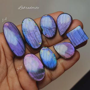 Op de afbeelding: Een verzameling gepolijste labradoriet edelstenen in verschillende vormen, waaronder ovaal, druppelvormig en vierkant. De stenen vertonen iriserende flitsen van blauw, paars en groen. Het woord "Labradorite" staat in cursief bovenaan.
