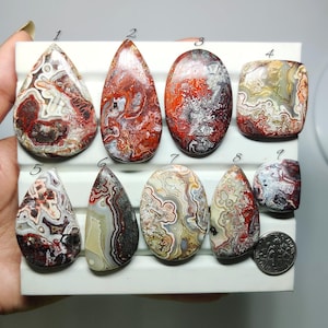 Peut inclure: Une collection de neuf pierres d'agate polies de formes variées, dont des gouttes, des ovales et des rectangles. Les pierres présentent des motifs complexes dans des tons de rouge, de brun, de blanc et de gris. Une pièce de monnaie est incluse pour la référence de taille. Les pierres sont sur une surface blanche.
